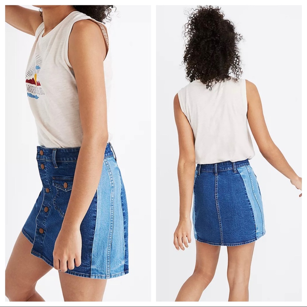 MADEWELL two tone panel denim jean snap button pocket front skirt size 32